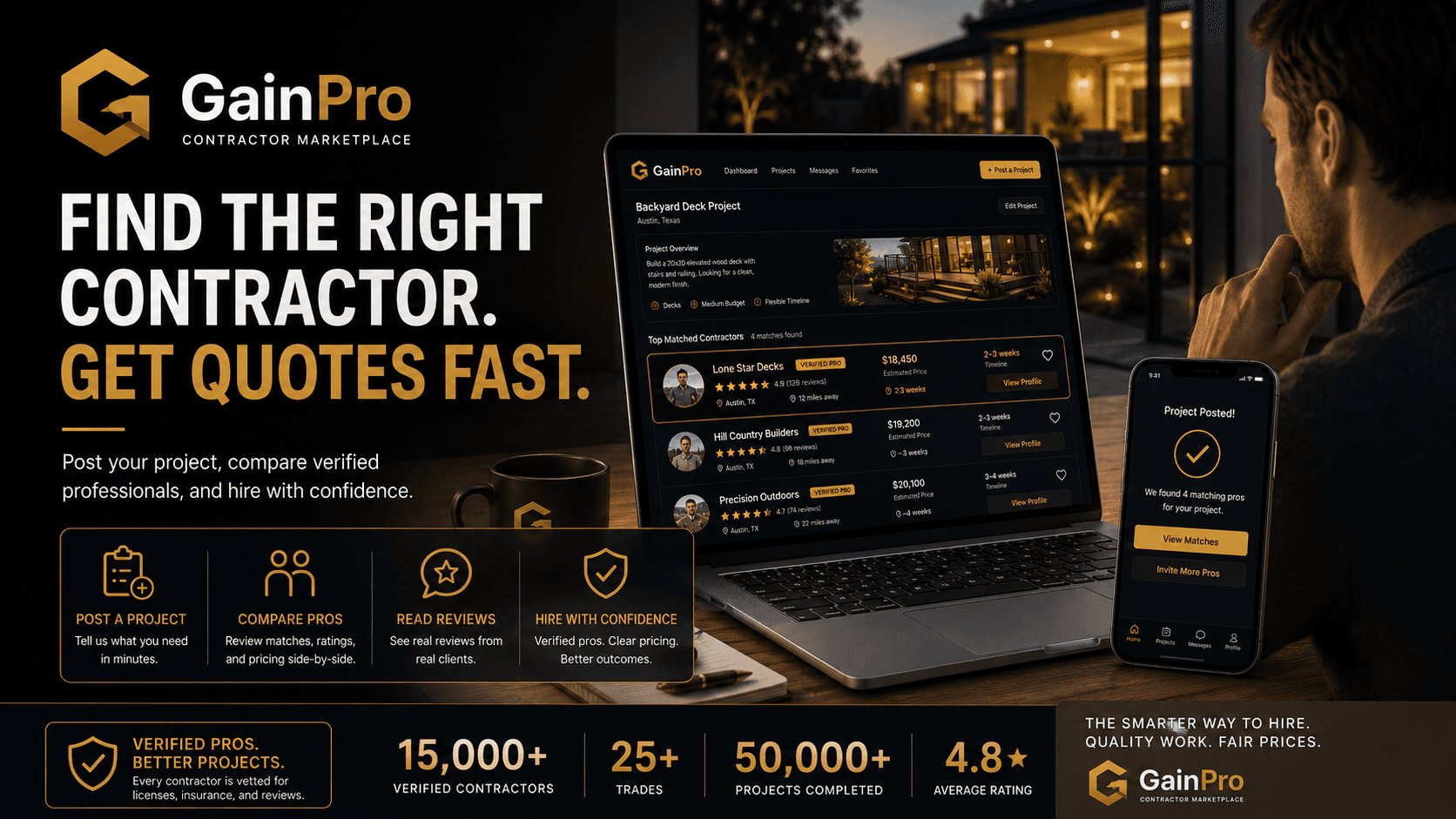 GainPro dashboard showing matched contractors for a backyard deck project
